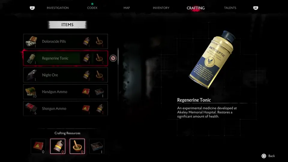 Crafting menu: Regenerine Tonic selected with handgun and shotgun ammo on the list