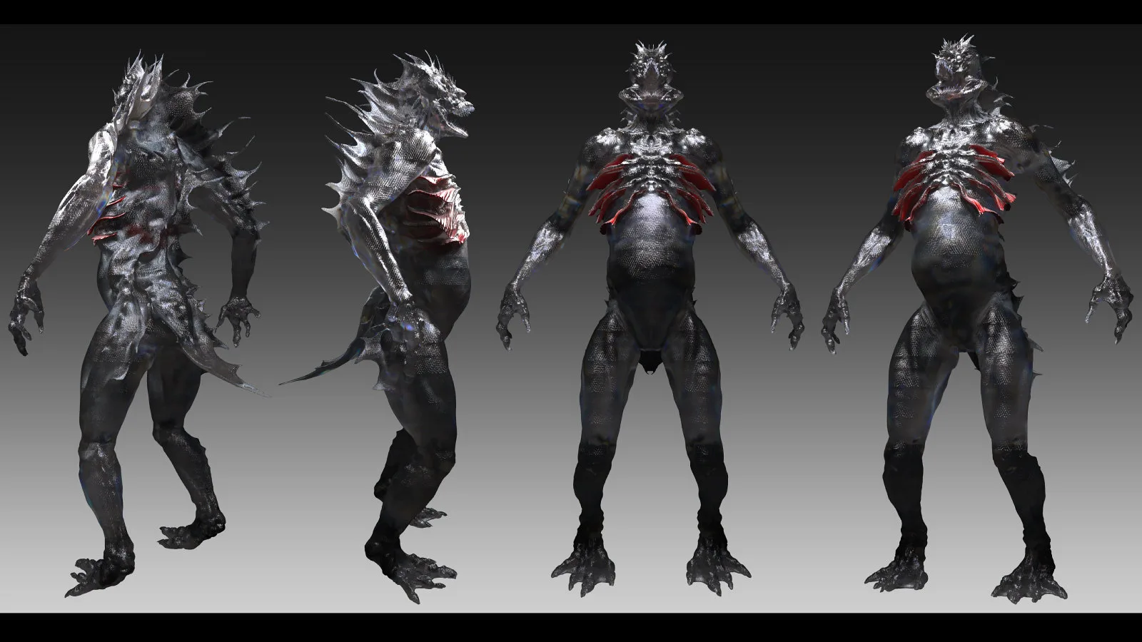 Deep One Raider concept — fish-like humanoid, turnaround sheet