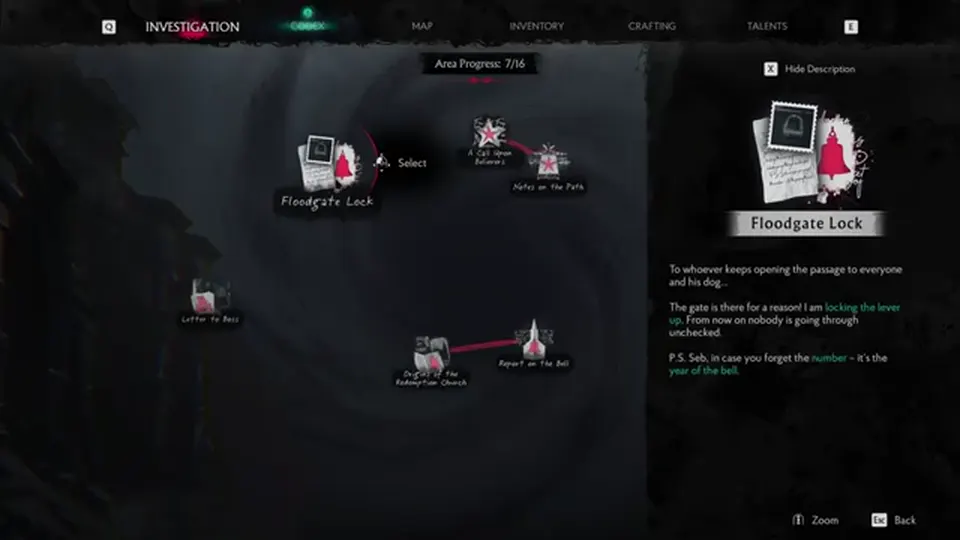 Investigation board — Floodgate Lock node and linked files for perk points