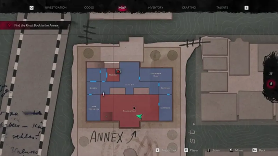 Annex map: red rooms still have loot, blue rooms are cleared
