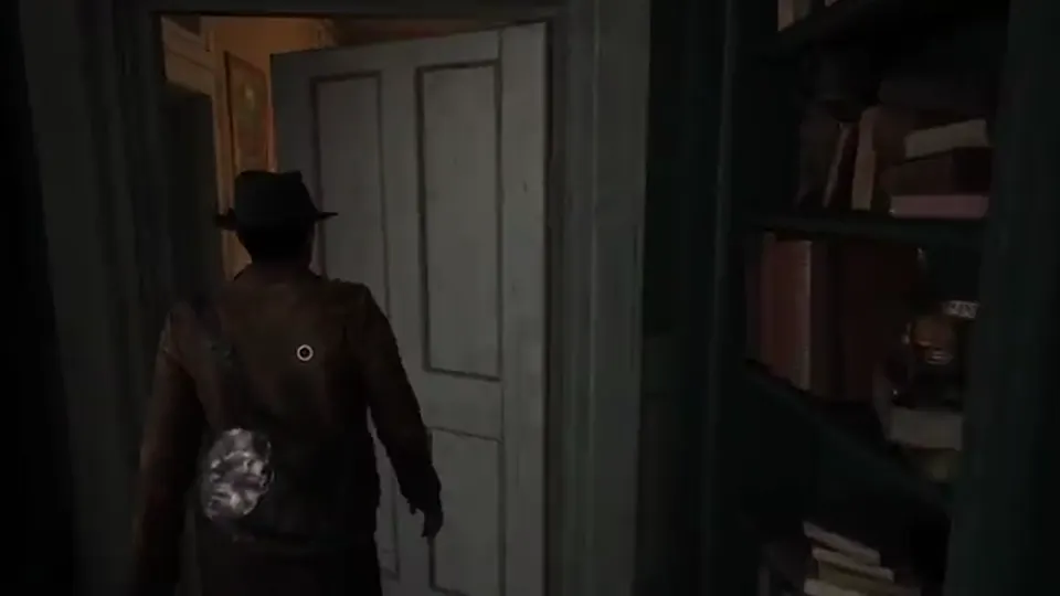Miskatonic Library Annex — doorway and bookshelves on the flooded approach