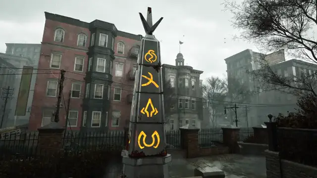 Trident obelisk — three lightning strikes; step back so the charge misses Calvin