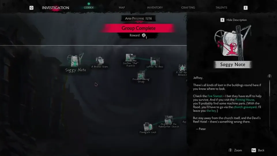 Investigation board in a Safe Room loop — perk points from linking files