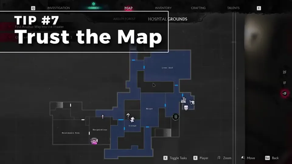TIP #7 Trust the Map — Akeley Forest hospital grounds, blue cleared rooms
