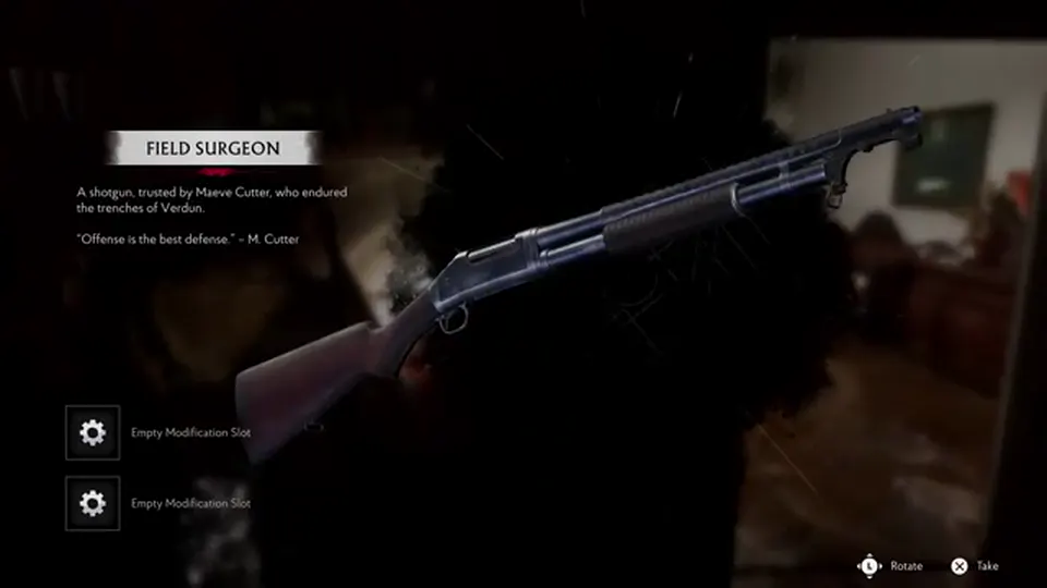 Field Surgeon world pickup — inspect UI shows two modification slots